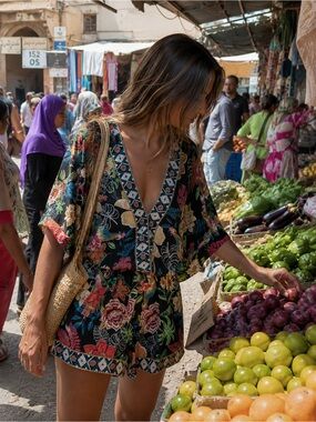 Boho Floral Tropical V-Neck Romper